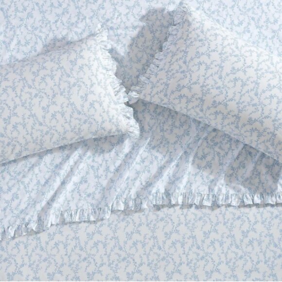 LAURA ASHLEY Queen Sheet Set White Victoria Blue Floral Percale Cotton Ruffled - Picture 3 of 11